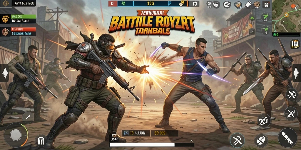 Screenshot utama API36 menampilkan aksi intens dalam pertempuran Battle Royale.