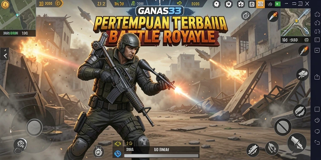 Screenshot utama GANAS33 menampilkan aksi pertarungan Battle Royale yang mendebarkan.
