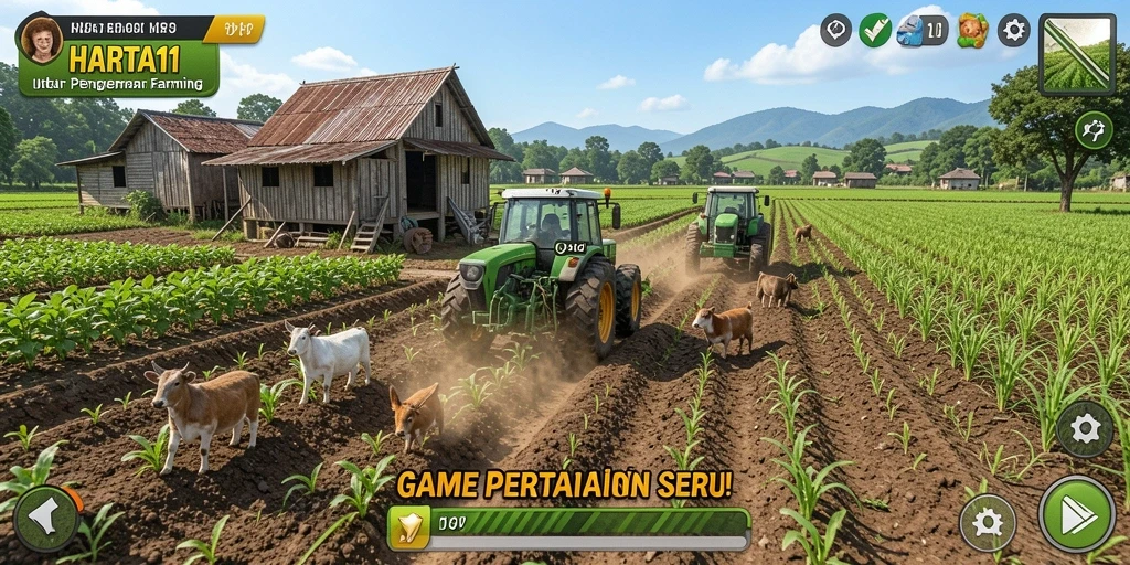 Tampilan menarik dari gameplay HARTA11 dengan ladang pertanian yang subur.