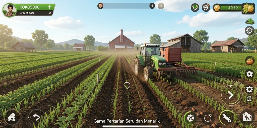 Gameplay KOKO5000 menunjukkan ladang subur dengan berbagai jenis tanaman hijau.