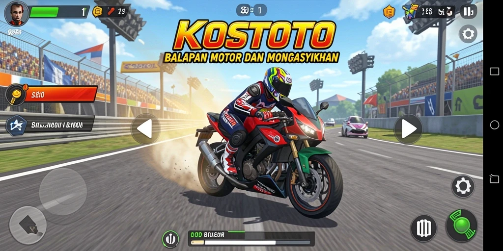 Screenshot KOSTOTO menampilkan momen balapan motor yang intens dan mendebarkan.