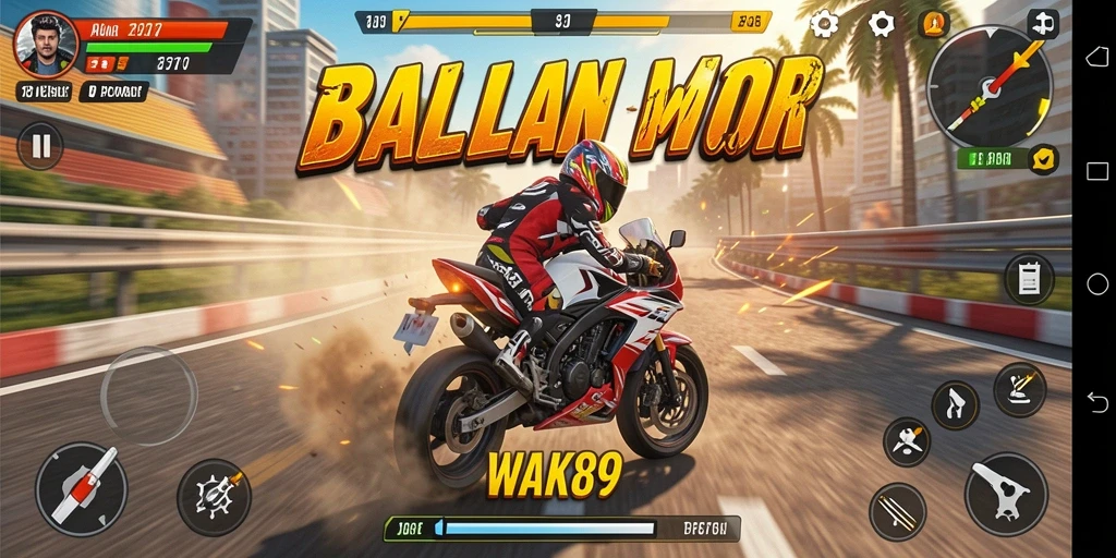 Screenshot gameplay WAK89 menampilkan aksi balapan motor yang intens.